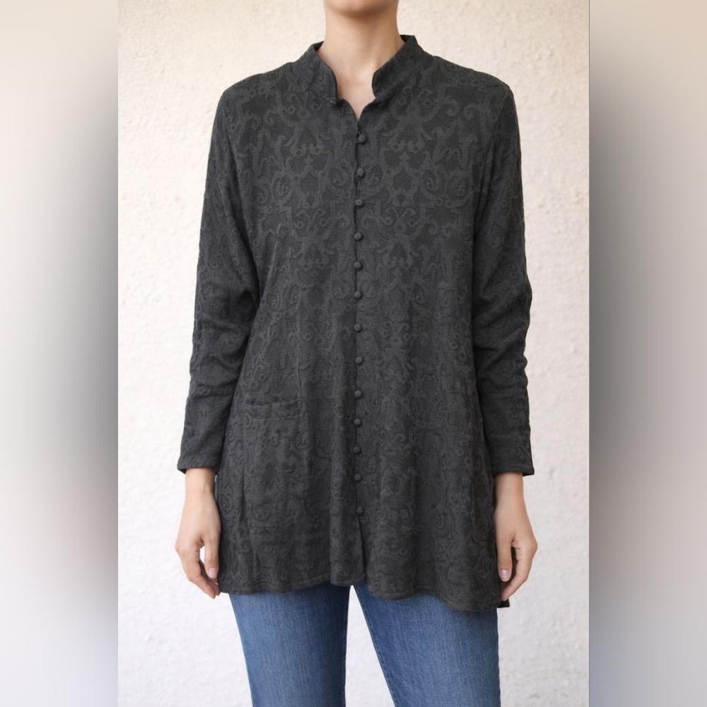 Brenda French for French Rags Black Textured Button Front Tunic Made in USA